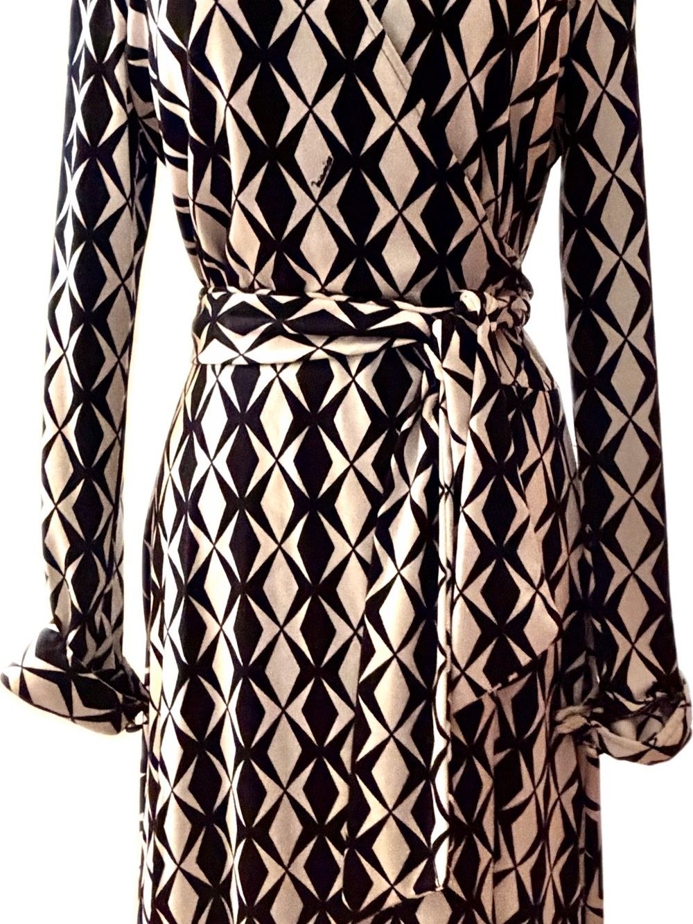 Vintage 1970’s Signed Maurice Geometric Long-Sleeve Wrap Dress Tie Waist